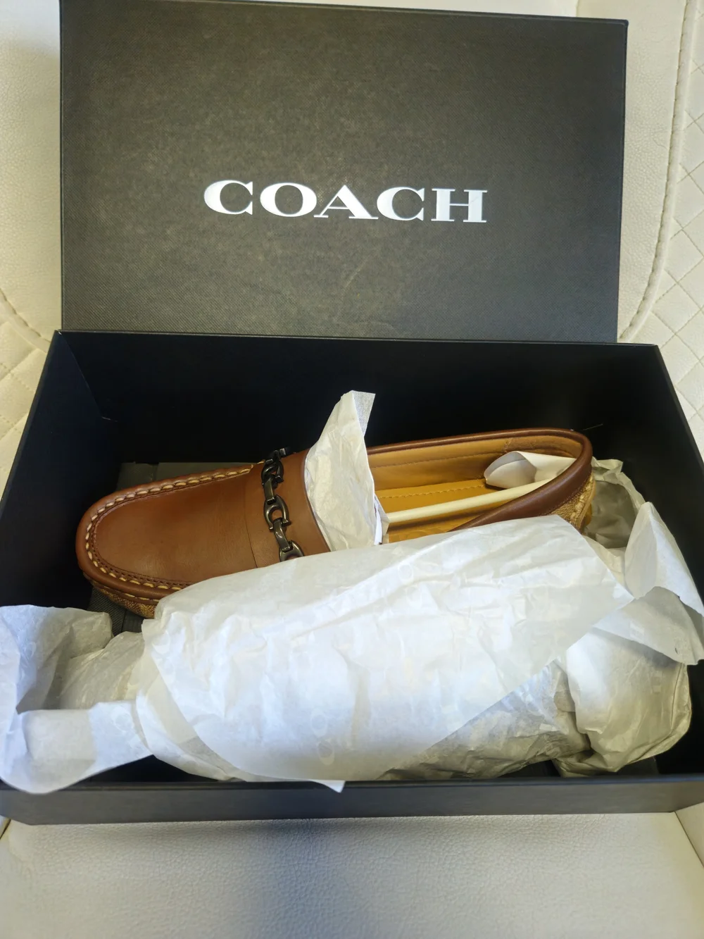 Coach Men's Brown Leather Chain-Accent Slip-On Loafers Authentic